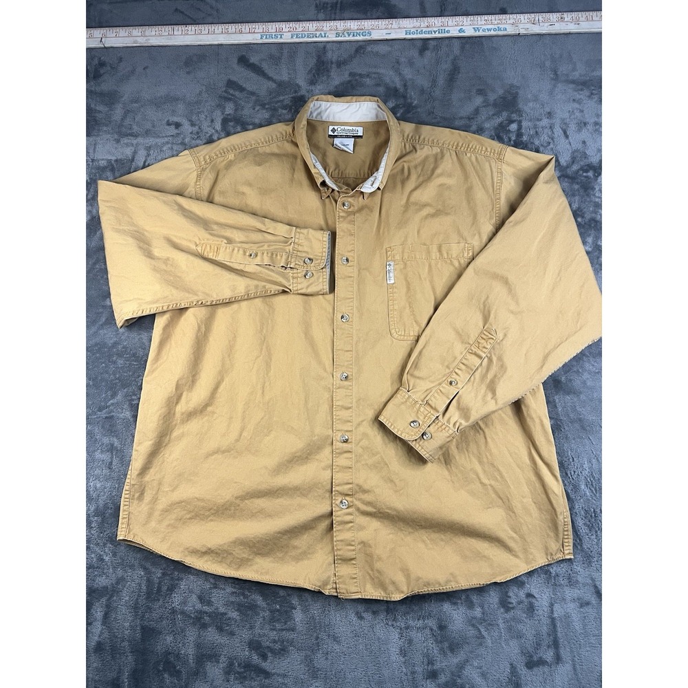 Vintage Columbia Shirt Mens XXL 2XL Beige Long Sleeve Button Up 100% Cotton Nice